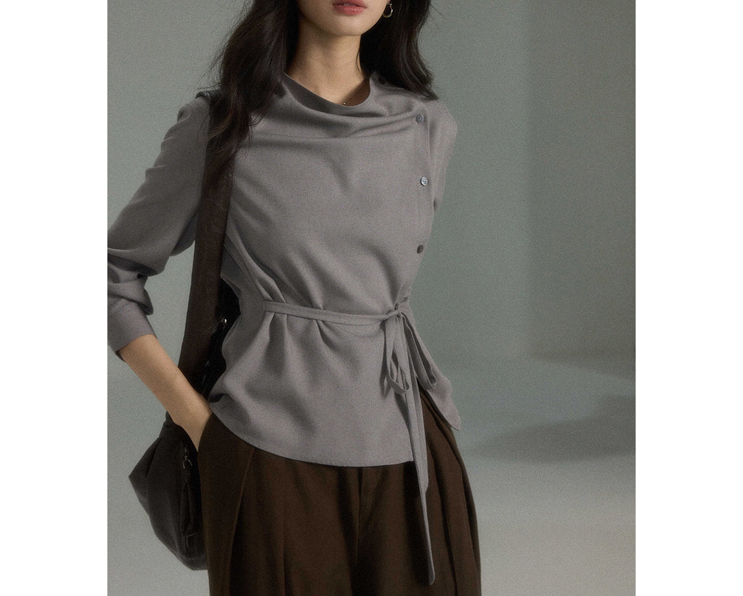 Damen Modische Bluse mit Wickel-Ausschnitt Drune