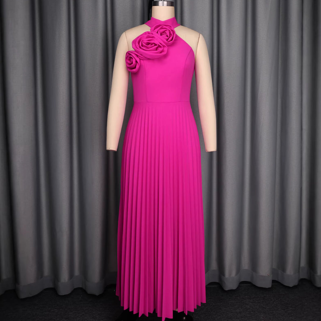 Damen Maxikleid mit asymmetrischem Schnitt und dekorativen Rosenapplikationen Drune