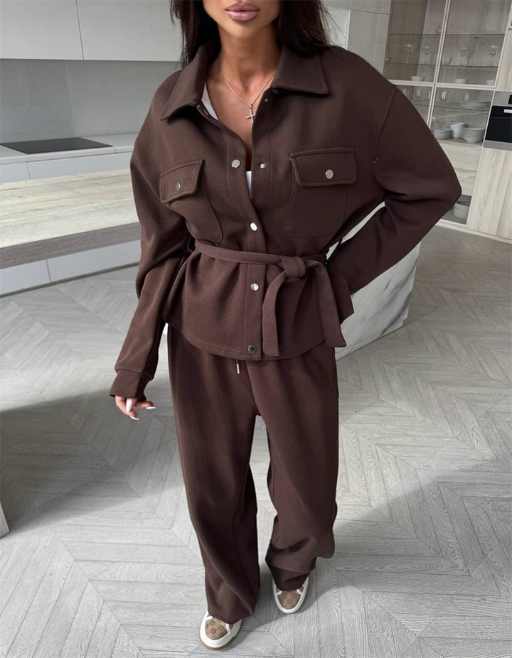 Damen Set aus weichem Oberteil und lockerer Hose mit Gürtel