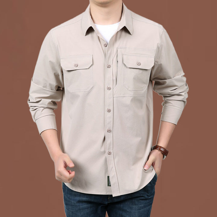 Herren nan modernes Travel-Langarmhemd mit Stretch-Material, verdeckter Knopfleiste und doppelfachen Klappbrusttaschen Drune