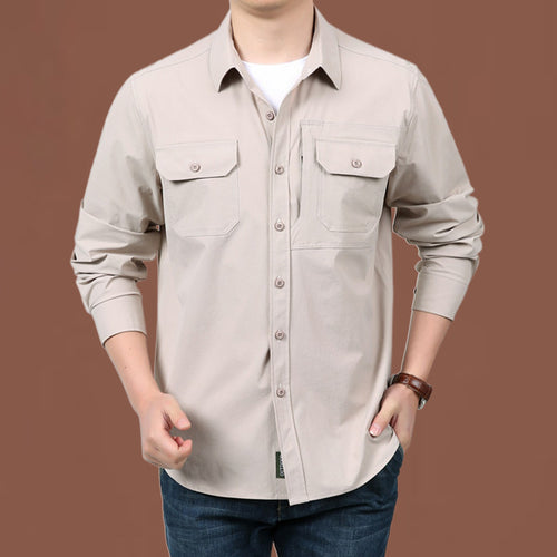 Herren nan modernes Travel-Langarmhemd mit Stretch-Material, verdeckter Knopfleiste und doppelfachen Klappbrusttaschen Drune