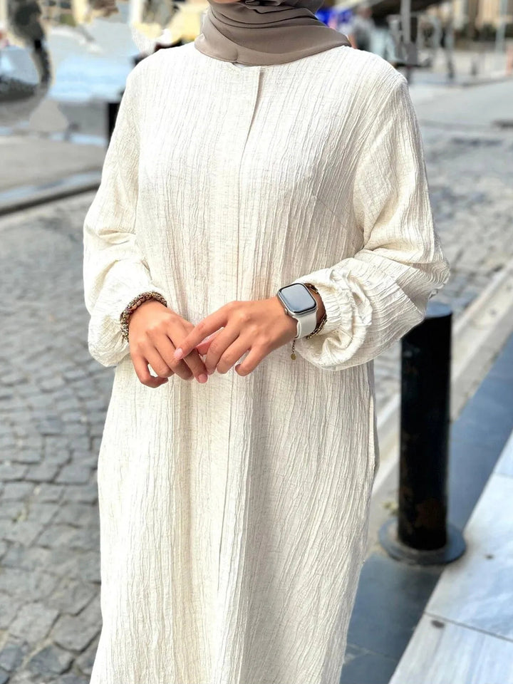 Damen Langes Crinkle-Kaftankleid mit Ballonärmeln und Stehkragenoptik Drune
