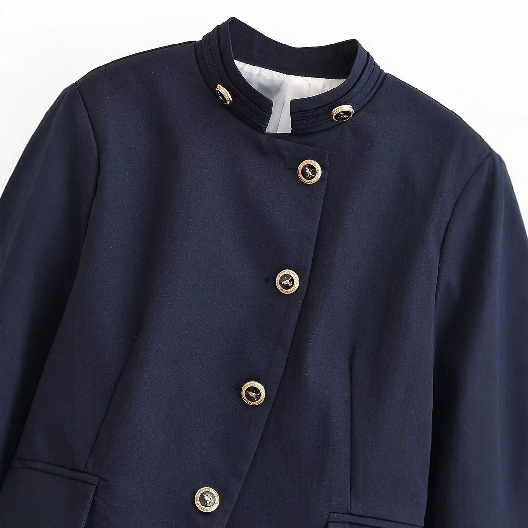 Damen Elegante taillierte Kurzjacke im Marine-Stil mit Stehkragen, Zierknopfleiste und Pattentaschen Drune