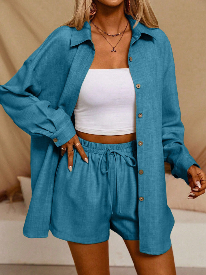 Damen lässiges Set aus oversized Hemd und kurzen Shorts Drune