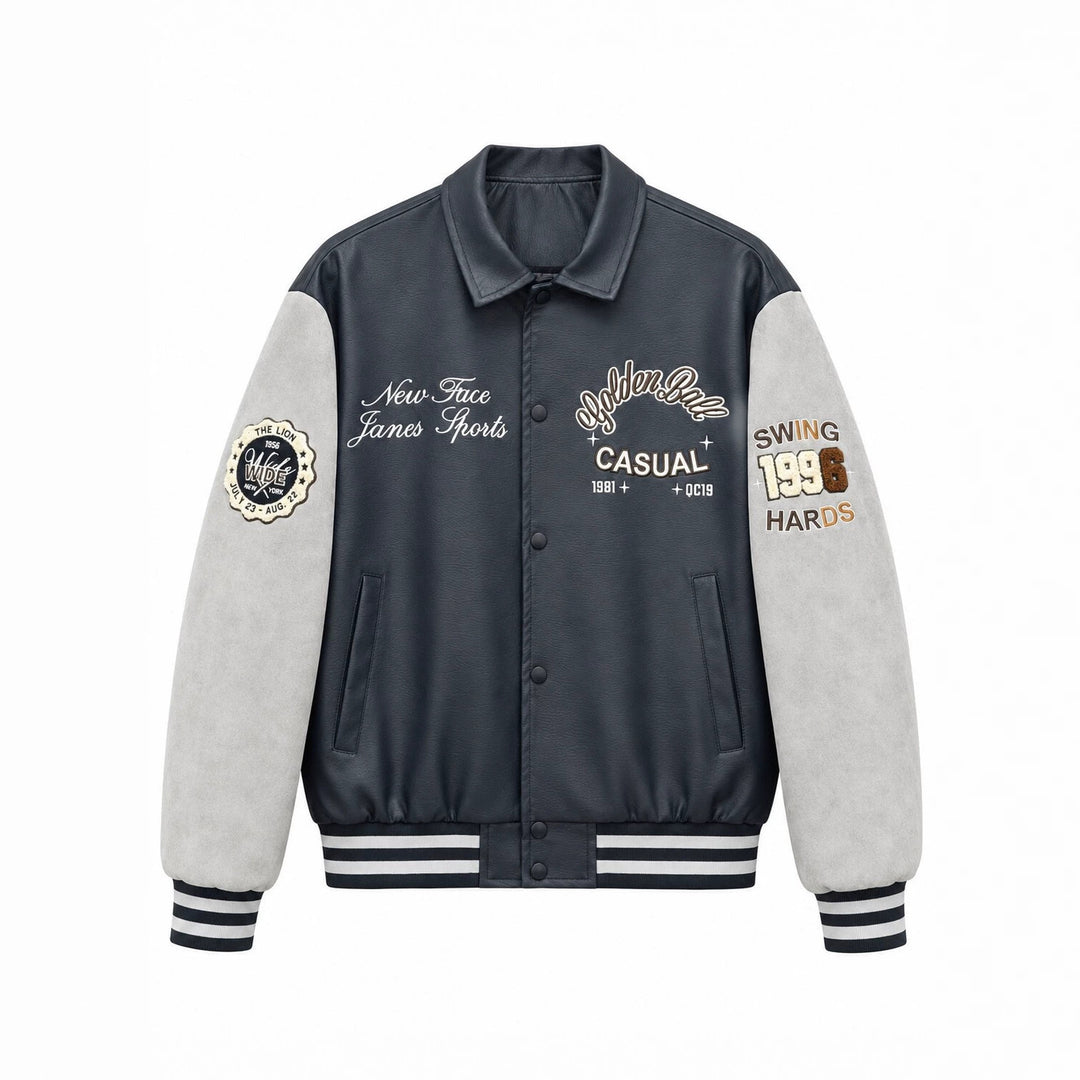 Herren Varsity-Lederoptik Collegejacke mit Kontrastärmeln, gestickten Patches und geripptem Saum Drune