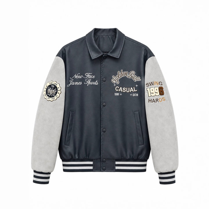Herren Varsity-Lederoptik Collegejacke mit Kontrastärmeln, gestickten Patches und geripptem Saum Drune