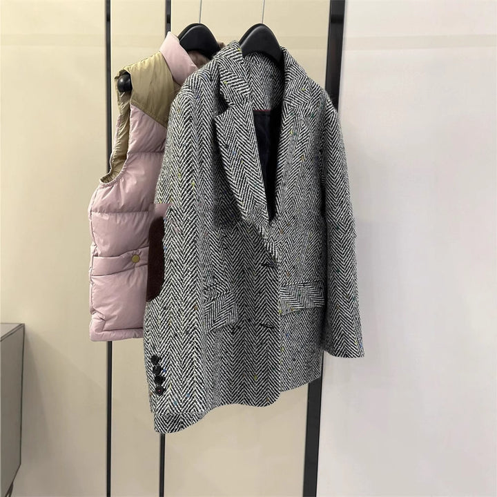 Damen Klassischer Herringbone Blazer Drune