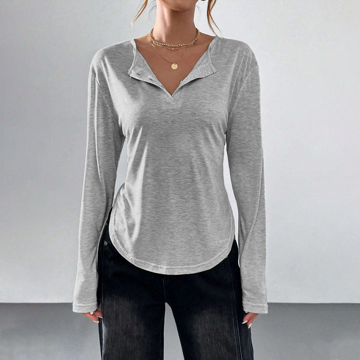 Damen legeres V-Ausschnitt Langarmshirt mit offenem Kragen, weichem Jersey und abgerundetem Saum Drune