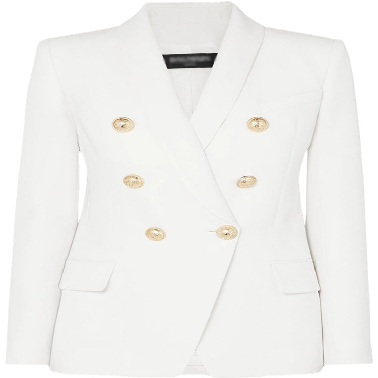 Damen Taillierter Zweireihiger Blazer im Smoking-Tailoring mit Schalkragen und goldenen Zierrundknöpfen Drune