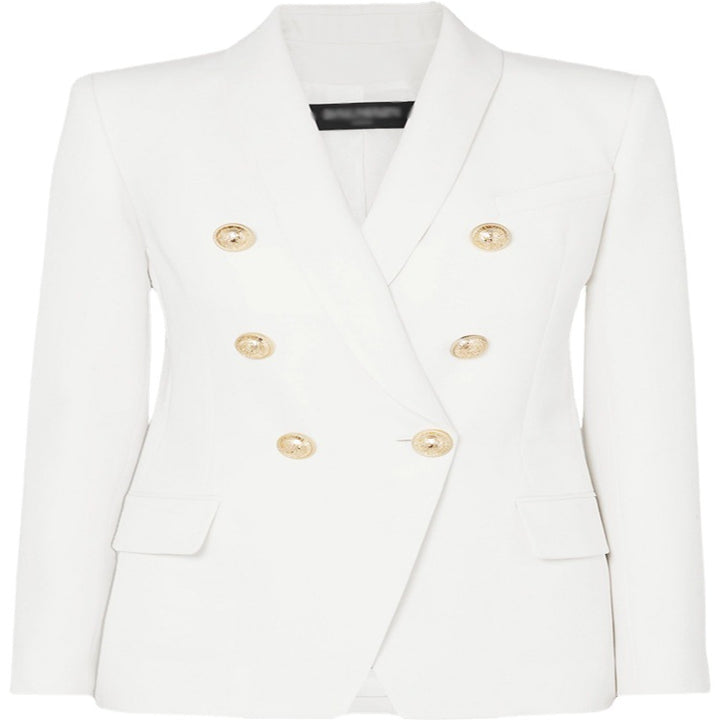 Damen Taillierter Zweireihiger Blazer im Smoking-Tailoring mit Schalkragen und goldenen Zierrundknöpfen Drune