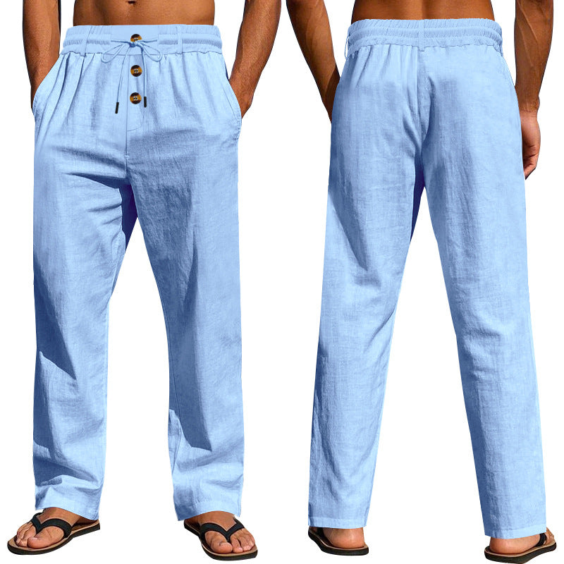 Herren nan lockere Leinen-Relaxhose mit elastischem Tunnelzugbund, Kordelzug und dekorativer Knopfleiste Drune
