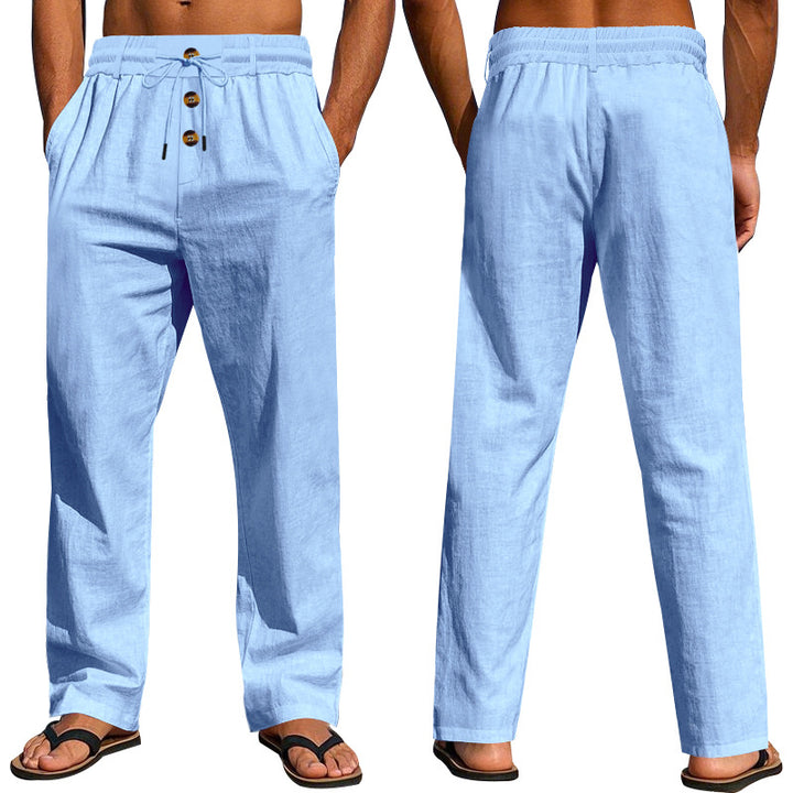 Herren nan lockere Leinen-Relaxhose mit elastischem Tunnelzugbund, Kordelzug und dekorativer Knopfleiste Drune