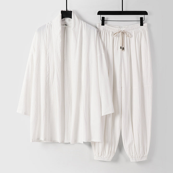 Unisex Entspanntes Kimono-Zweiteiler aus Baumwollmusselin mit Schalkragenjacke und geraffter Knöchelhose Drune