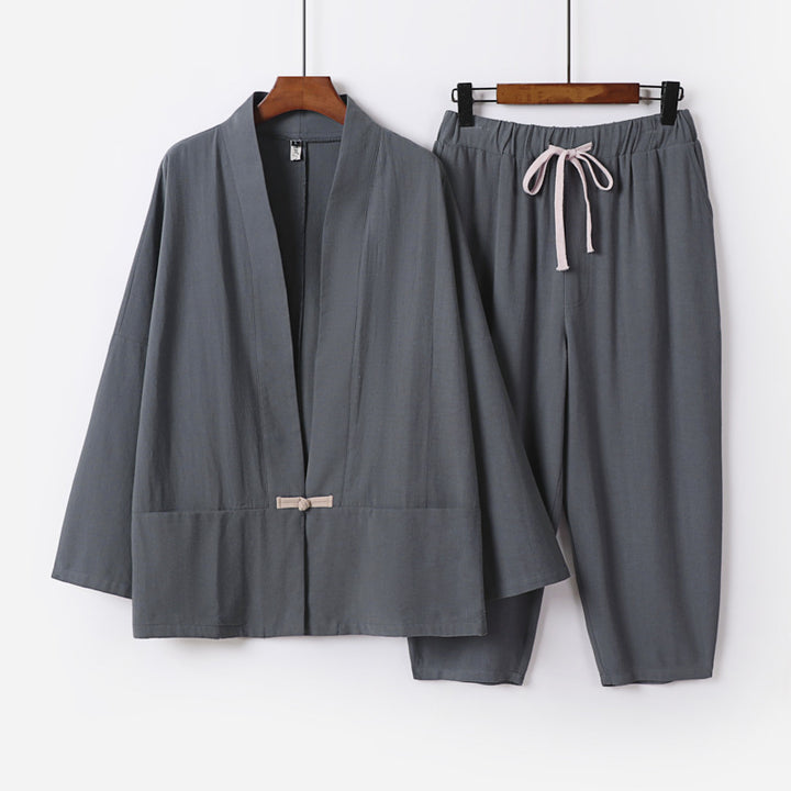 Unisex Lässiges Kimono-Loungewear-Set aus leichtem Leinenmix mit Kordelbundhose Drune