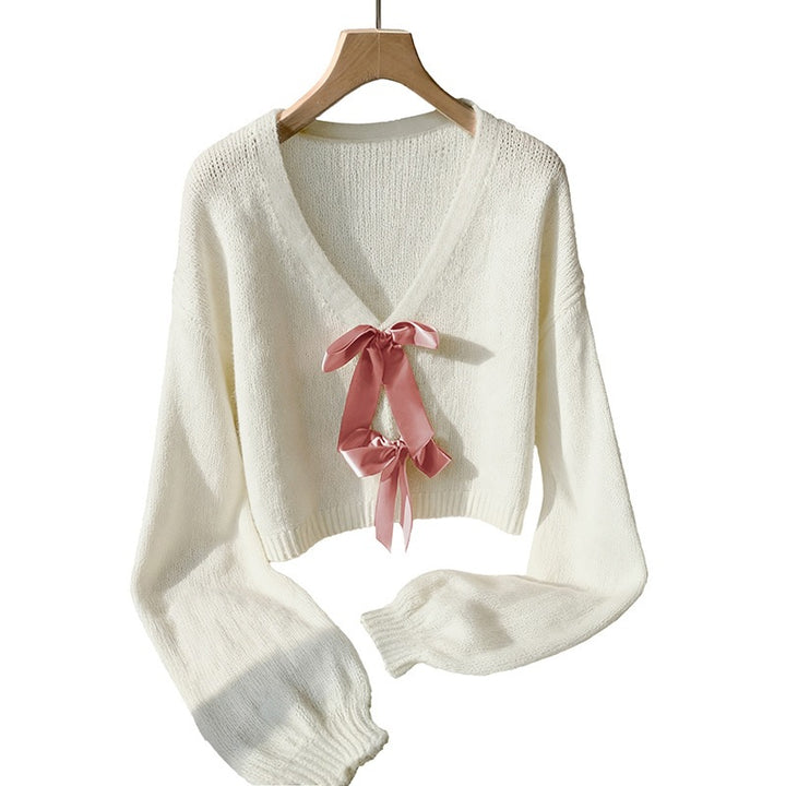 Damen Cropped Strickpullover mit Schleifen Drune