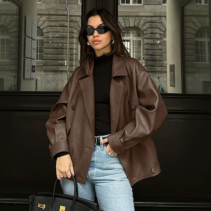 Damen Oversized-Bomberjacke aus Kunstleder mit doppelter Knopfleiste