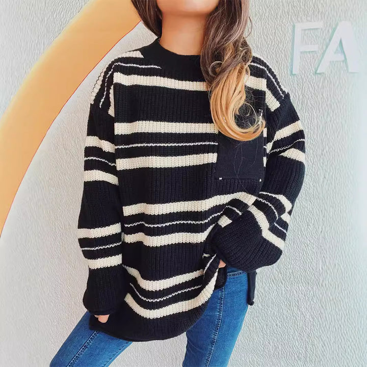 Damen oversized Strickpullover mit modernen Streifen Drune