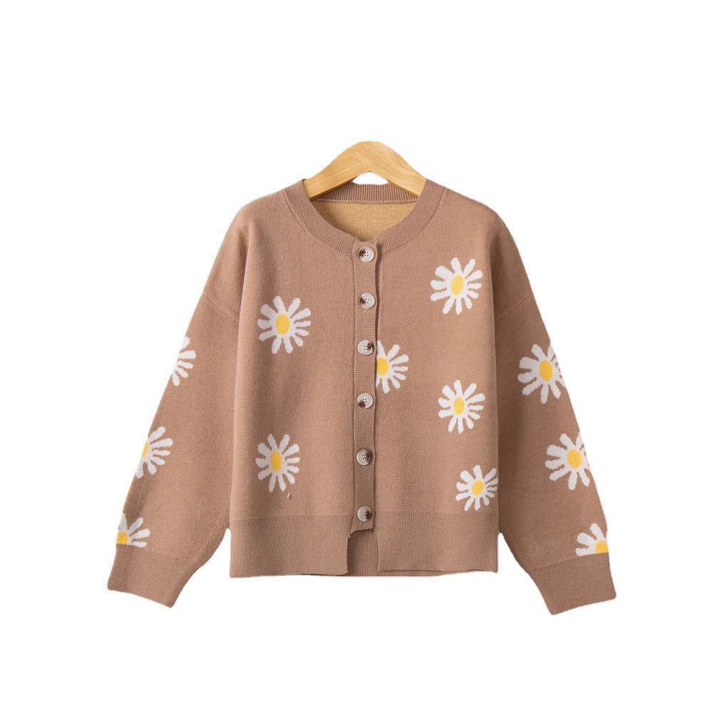 Damen Oversize-Strickcardigan mit Blumenapplikation, Perlmuttknöpfen und Wellensaum Drune