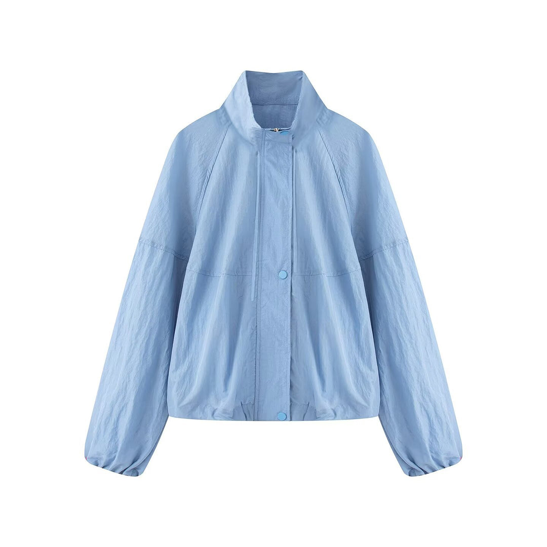 Damen Leichte Oversize-Blousonjacke aus Nylon mit Stehkragen, Kordelzug und Druckknopfverschluss Drune