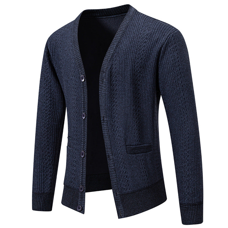 Herren Texturierter V-Ausschnitt Strickcardigan mit Knopfleiste und Eingrifftaschen Drune