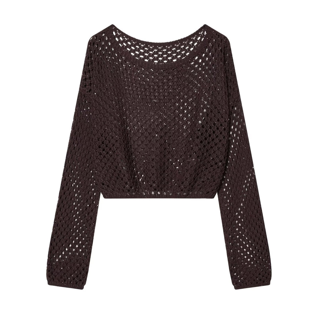 Damen Lockerer gehäkelter Cropped‑Pullover mit Ajourmuster Drune