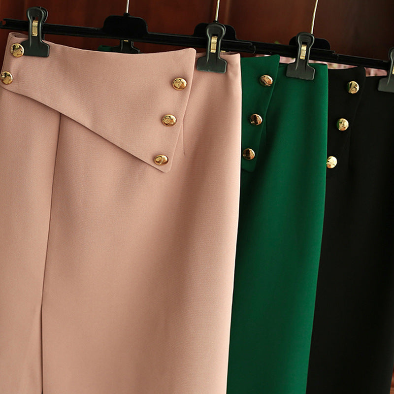 Damen Eleganter Midirock mit asymmetrischem Schnitt und Goldknöpfen Drune