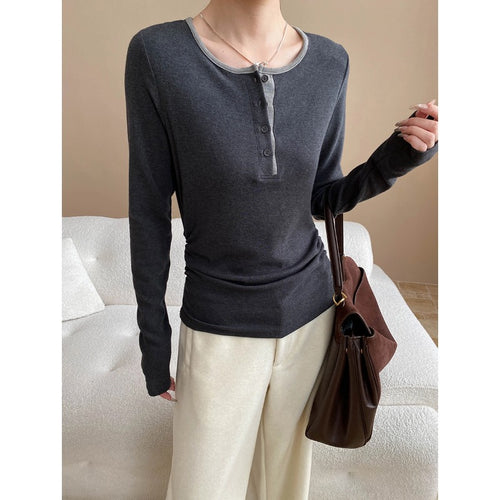 Damen Langarm-Henley-Shirt mit modischer Knopfleiste und weichem Material Drune