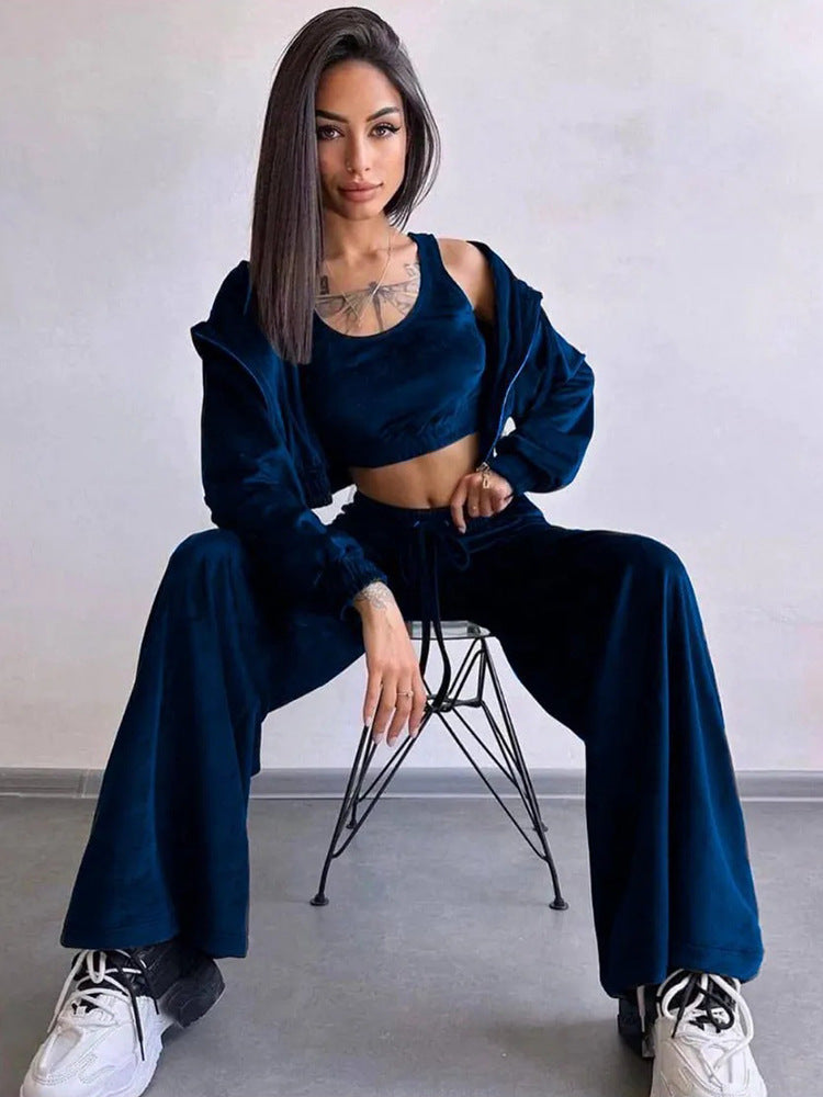 Damen luxuriöses Velours-Lounge-Set mit kurzem Reißverschluss-Hoodie und weitem High-Waist-Hose Drune