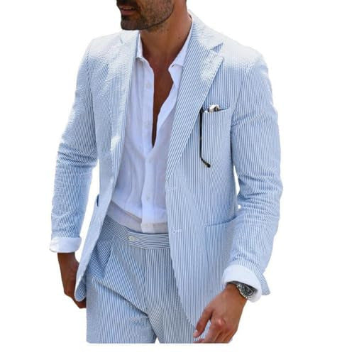 Herren nan sommerlicher Seersucker-Anzug mit ungefüttertem Sakko, schmaler Passform und Faltenhose Drune