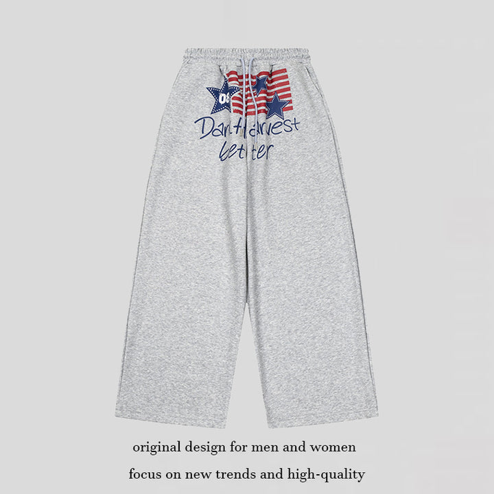 Damen Weite Culotte-Loungehose mit hohem Komfortbund, Kordelzug und Stern-Flaggen-Print Drune