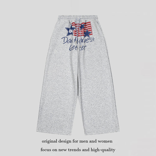 Damen Weite Culotte-Loungehose mit hohem Komfortbund, Kordelzug und Stern-Flaggen-Print Drune