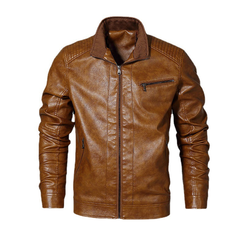 Herren Slim-Fit Motorradblouson aus Lederimitat mit Stehkragen und Reißverschlusstaschen Drune