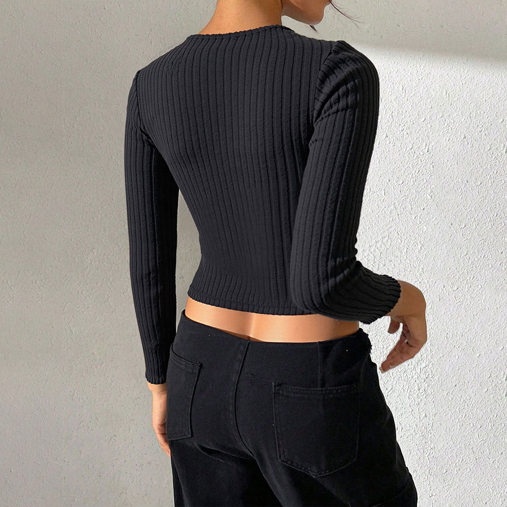 Damen gerippte Cropped-Strickjacke mit spitzem Saum und Knopfverschluss Drune