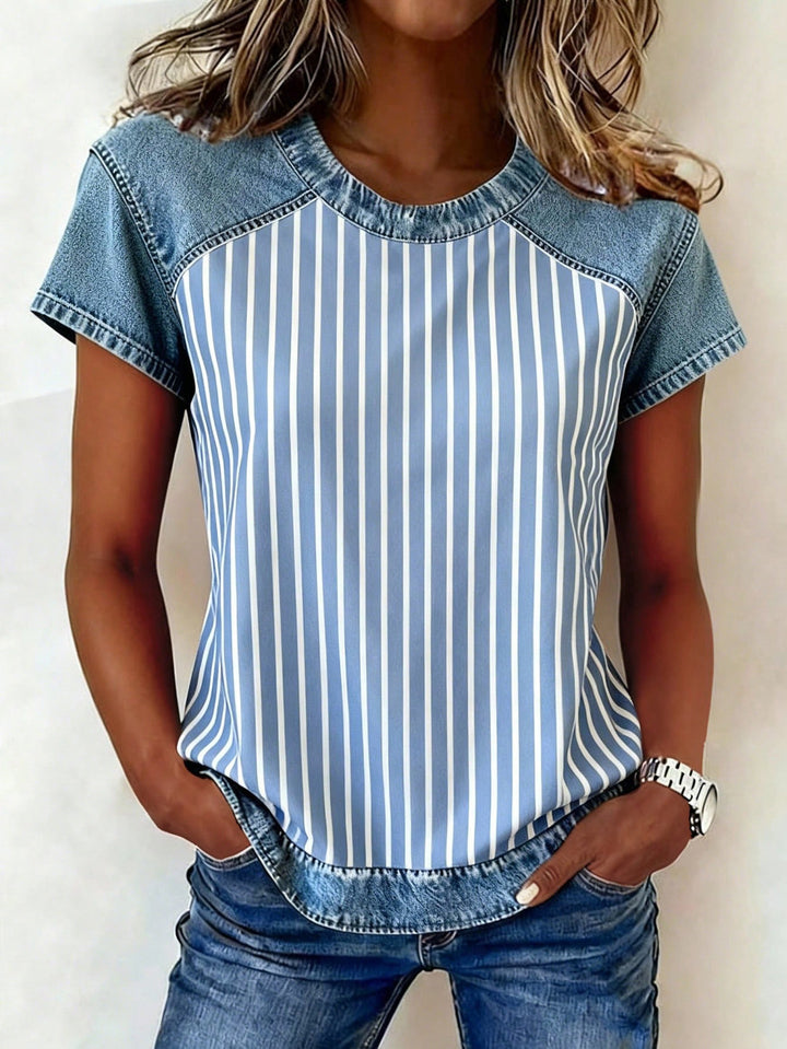Damen Kurzarmshirt mit Jeans-Einsätzen und Teddy-Patchprint Drune