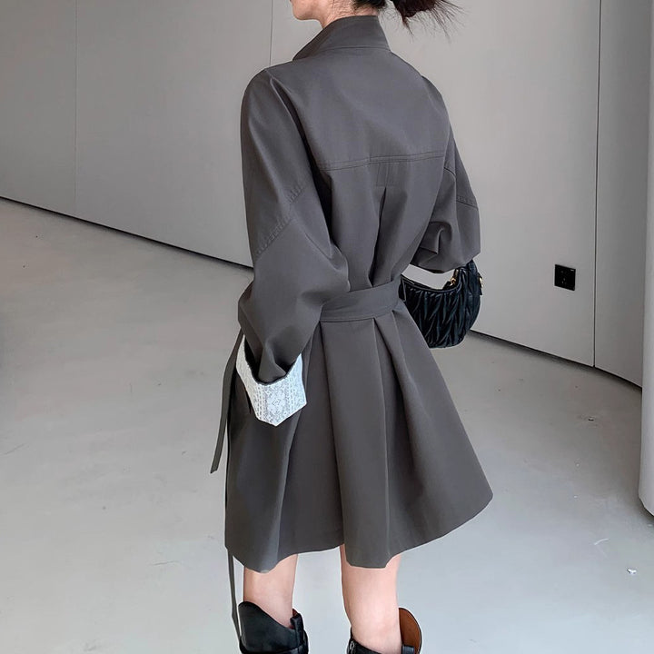 Damen Eleganter Trenchcoat mit Taillengürtel und Kontrastärmel Drune