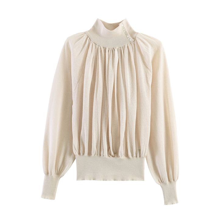 Damen Elegante Plissée-Bluse mit Stehkragen, Knopfdetail und Ballonärmeln Drune