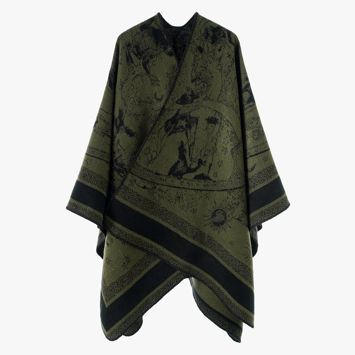 Damen Oversize-Jacquard-Capeponcho aus Wollmix mit V-Ausschnitt und himmlischem Motiv Drune