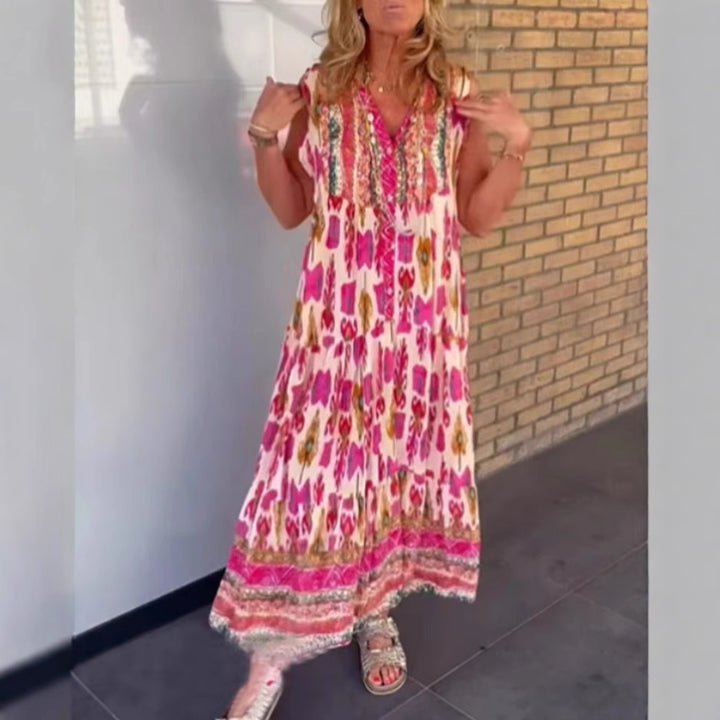 Damen nan fließendes Maxikleid im Boho-Stil mit V-Ausschnitt, Stufenrock und bestickter Passe Drune