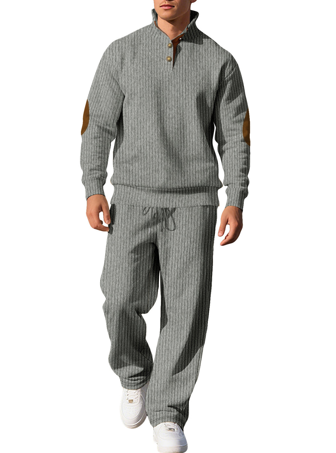 Herren nan feiner Rippstrickpullover mit halber Knopfleiste hohem Stehkragen und kontrastierendem Suedine-Ellbogenbesatz Drune