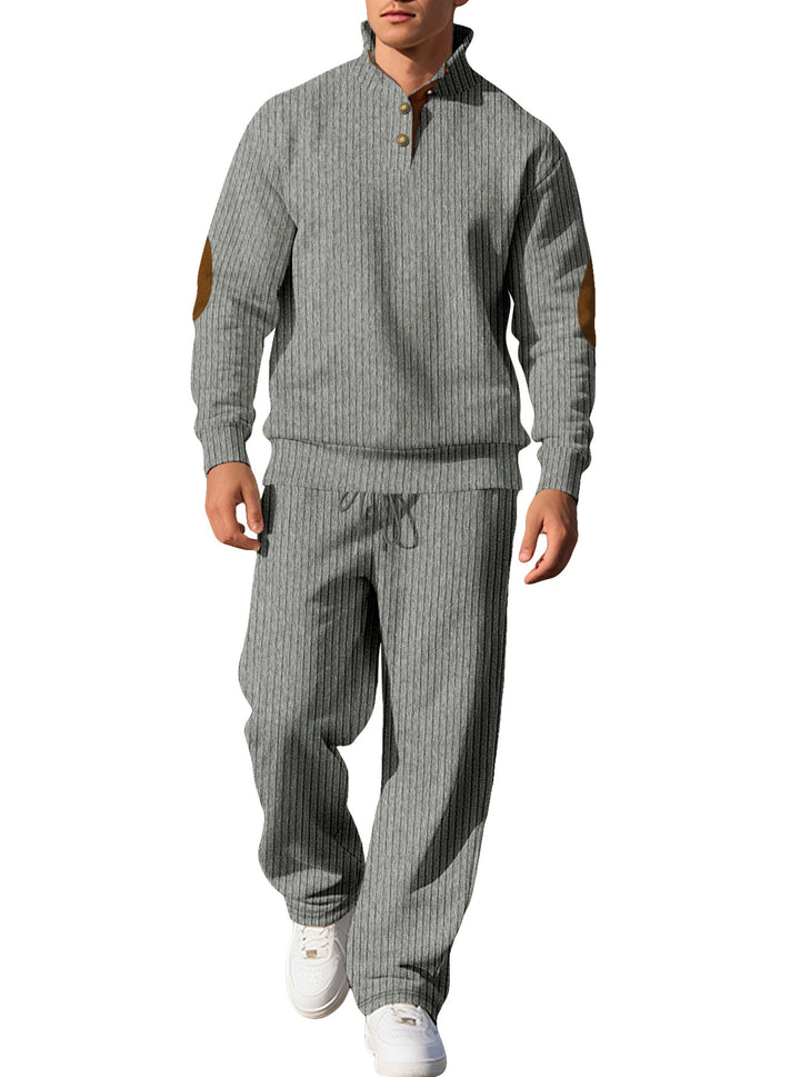 Herren nan feiner Rippstrickpullover mit halber Knopfleiste hohem Stehkragen und kontrastierendem Suedine-Ellbogenbesatz Drune