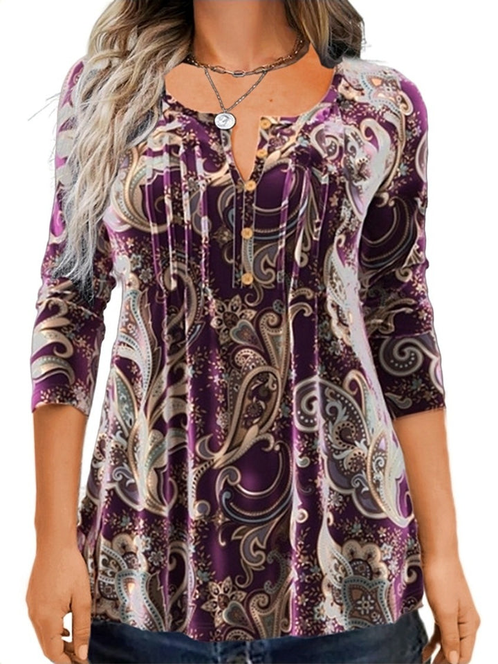 Damen Paisley Tunika mit 3/4 Ärmeln, Falten und Knopfblende Drune