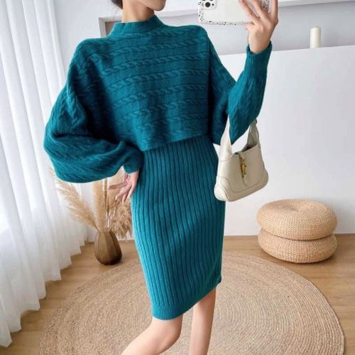 Damen modisches Zopf-Strickkleid mit cropped Pulloverteil Drune