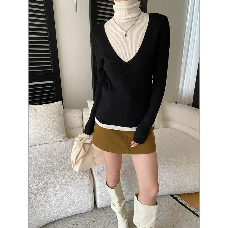 Damen figurbetontes V-Ausschnitt Pullover aus feinem Rippstrick Drune