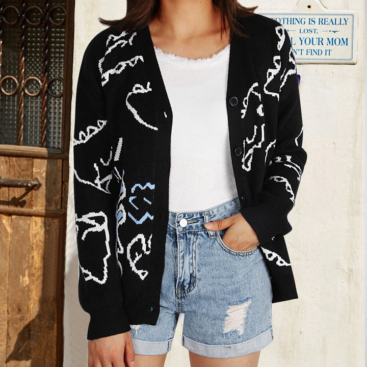 Damen Gemusterte Strickjacke mit lustigem Dinosaurier-Motiv Drune