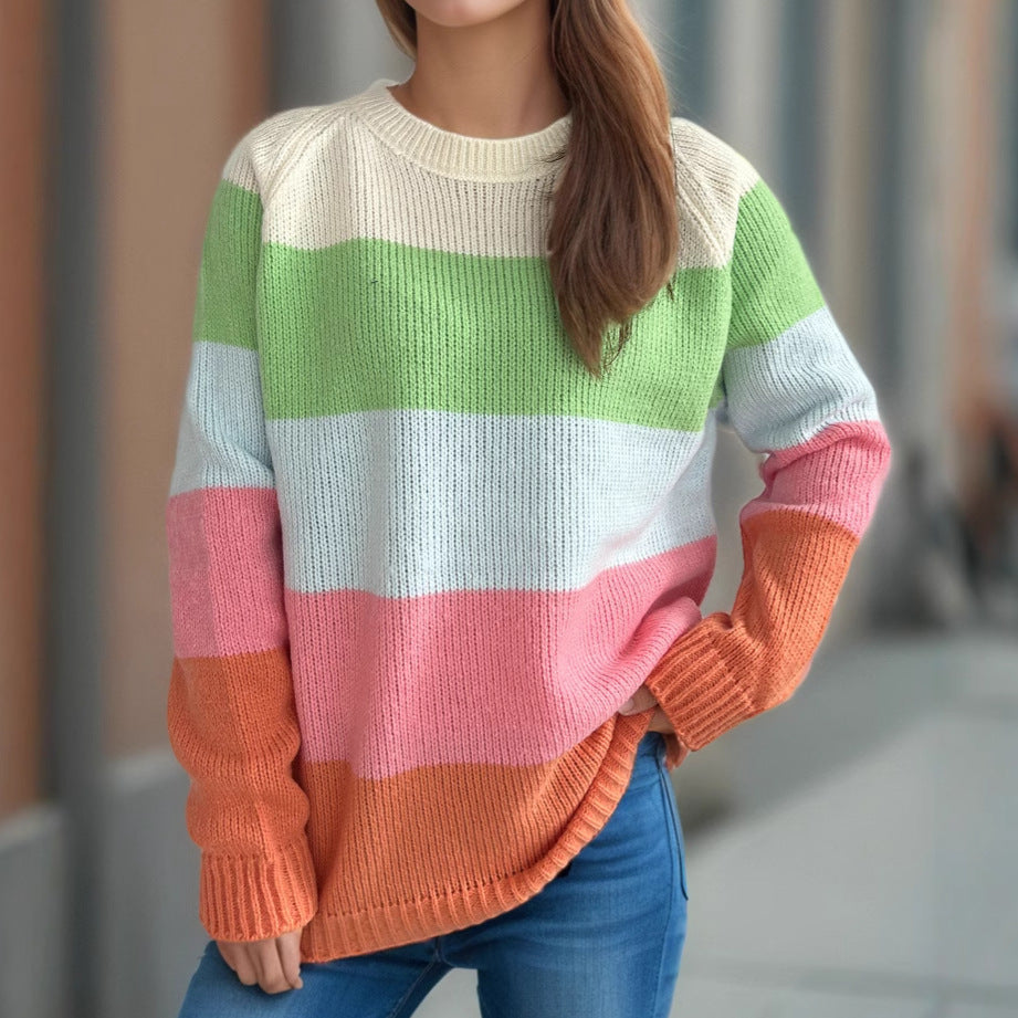 Damen lässiger Strickpullover mit bunten Blockstreifen und weitem Schnitt Drune