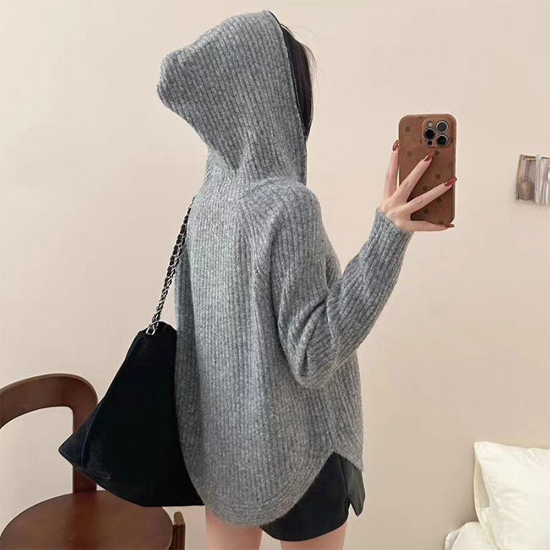 Damen lässiger Strickpullover mit hochgezogenem Kragen und Reißverschluss Drune