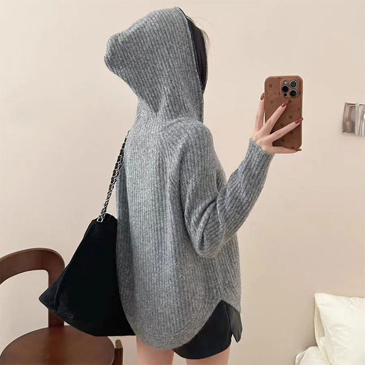 Damen lässiger Strickpullover mit hochgezogenem Kragen und Reißverschluss Drune