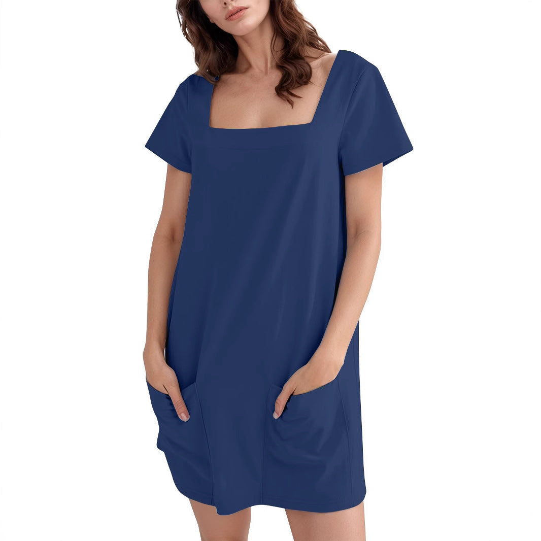 Damen Lockeres Sommerkleid mit Quadrat-Ausschnitt und praktischen Taschen Drune