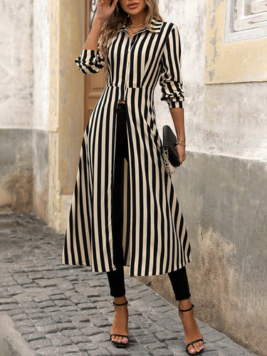Damen gestreiftes Maxikleid mit Taillengürtel Drune