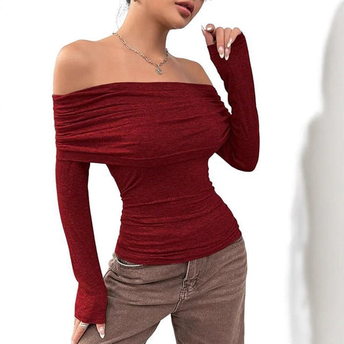 Damen Schulterfreies Ripp-Longsleeve mit weitem Umschlagkragen und taillierter Silhouette Drune
